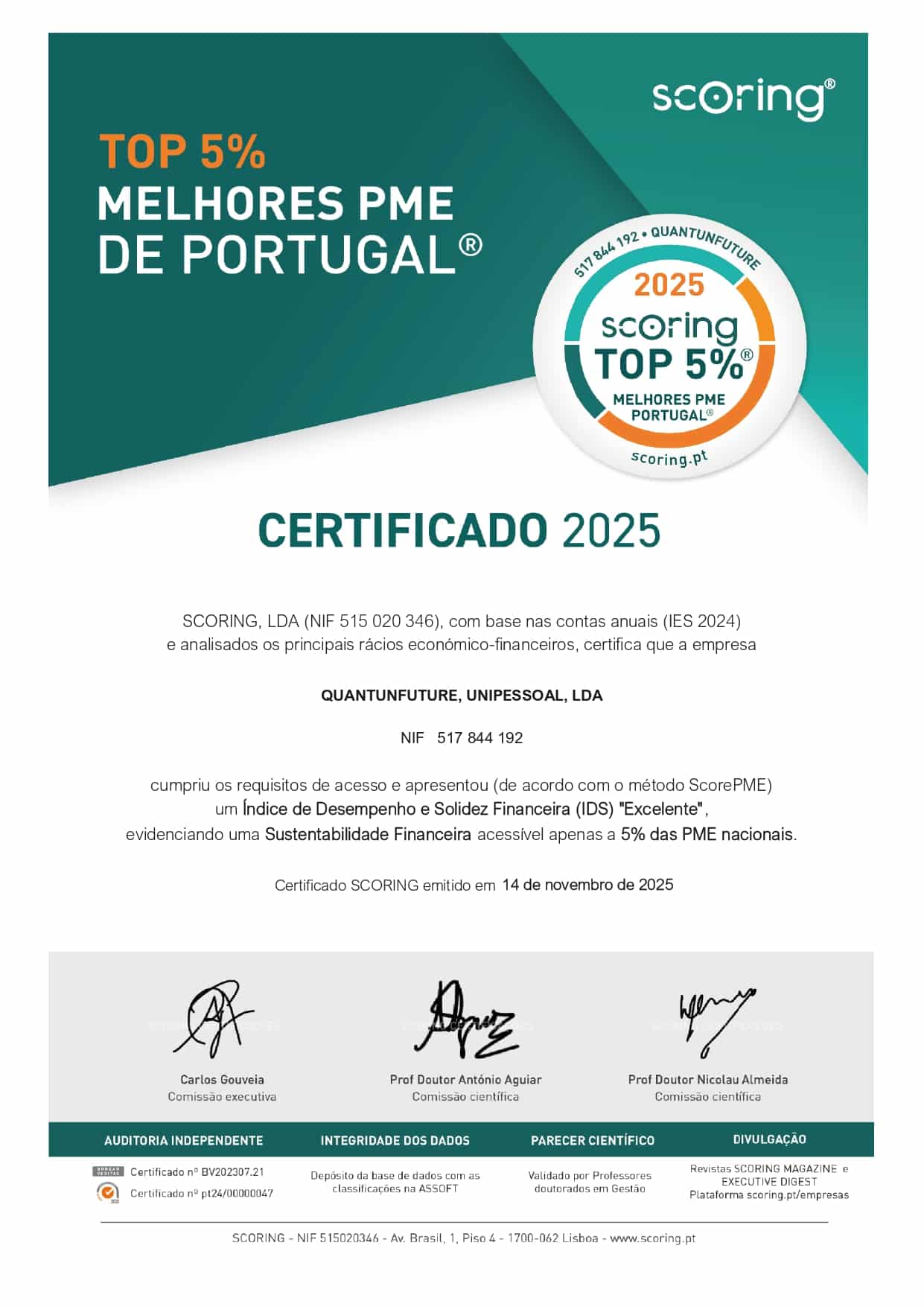 Certificado TOP 5% PME Scoring 2025